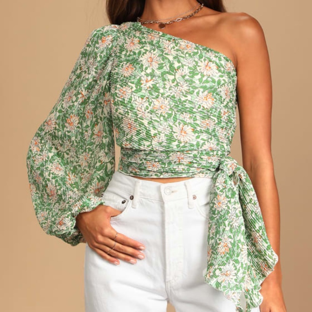 One-Shoulder Green Floral Wrap Blouse with Puff Sleeve